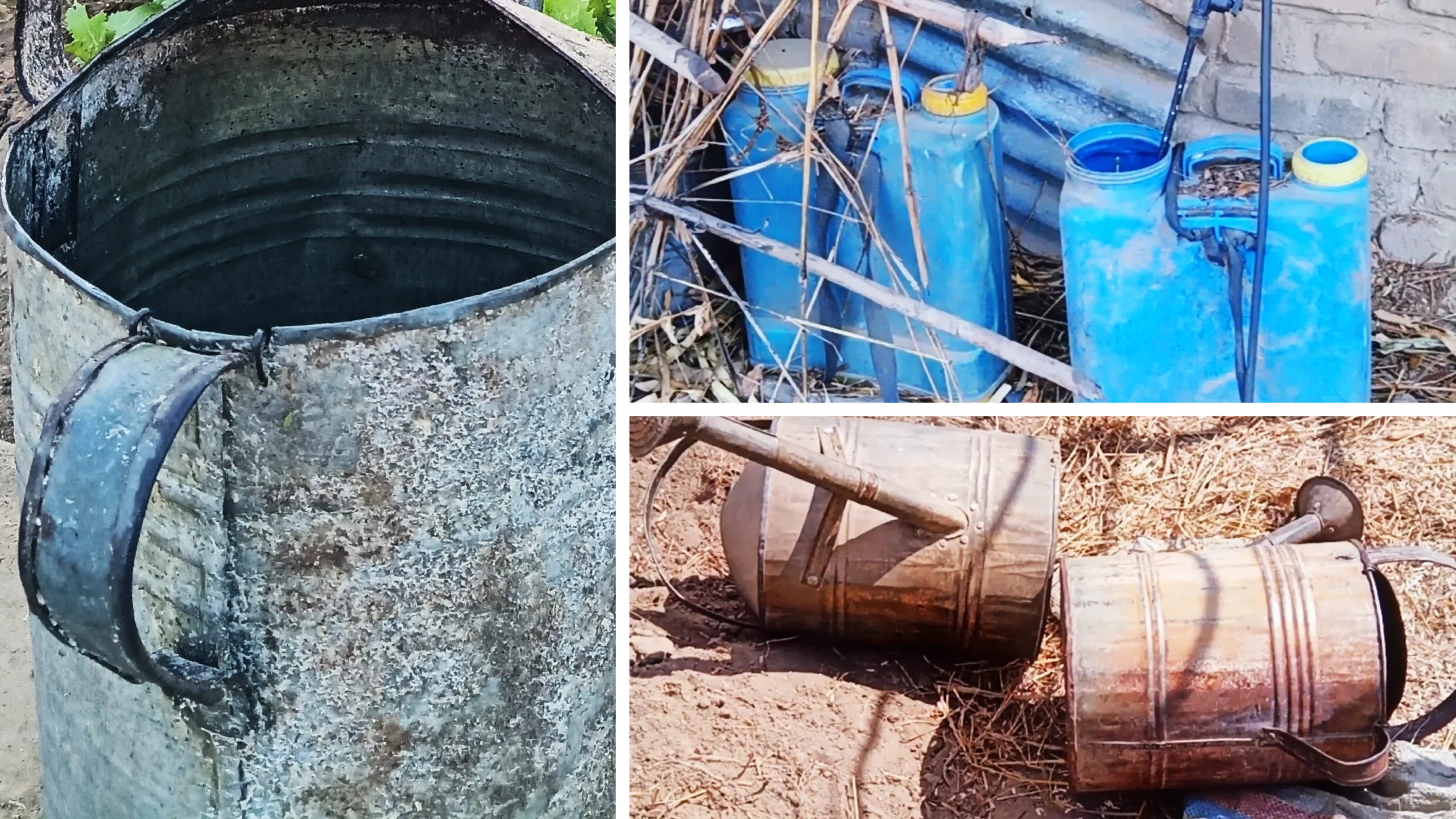 Old metal watering cans and plastic farm sprayers showing signs of wear and poor storage after the farming season in Malawi.
