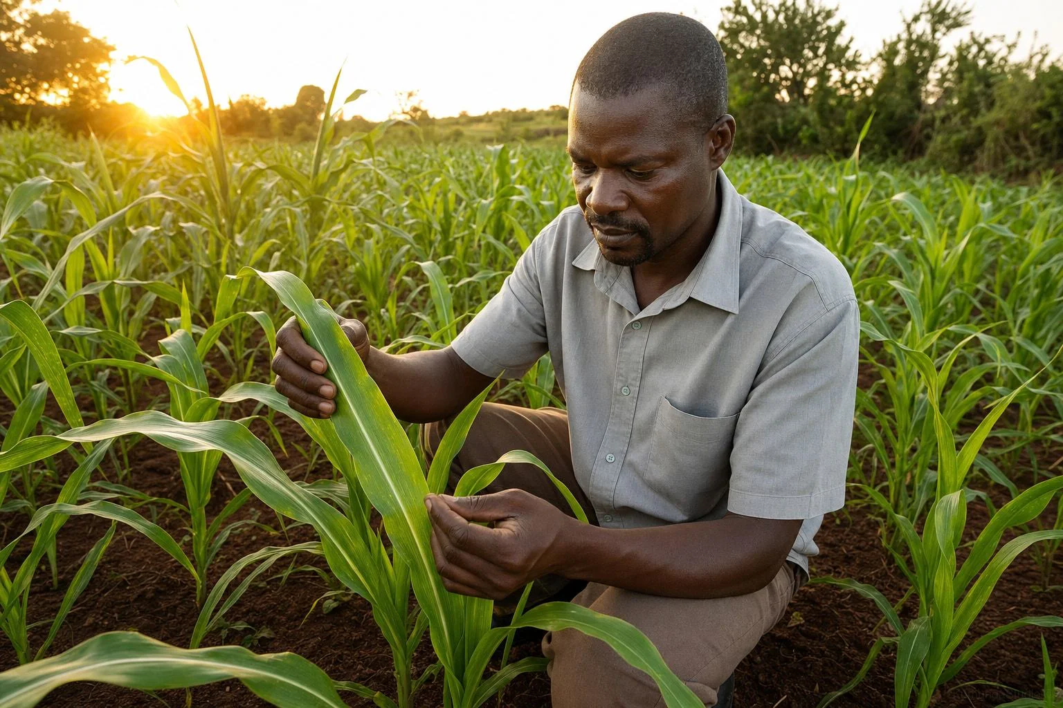 Malawian farmer scouting maize leaves for pest damage at sunrise in a ridged field.