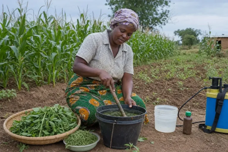 Farmer mixing botanical pest spray beside a maize field in Malawi.