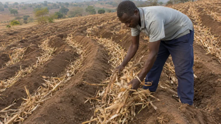 Mlimi akuika zotsalira za mbewu zopanda matenda pakati pa makhwawa kuti ateteze chinyezi cha nthaka ku Malawi