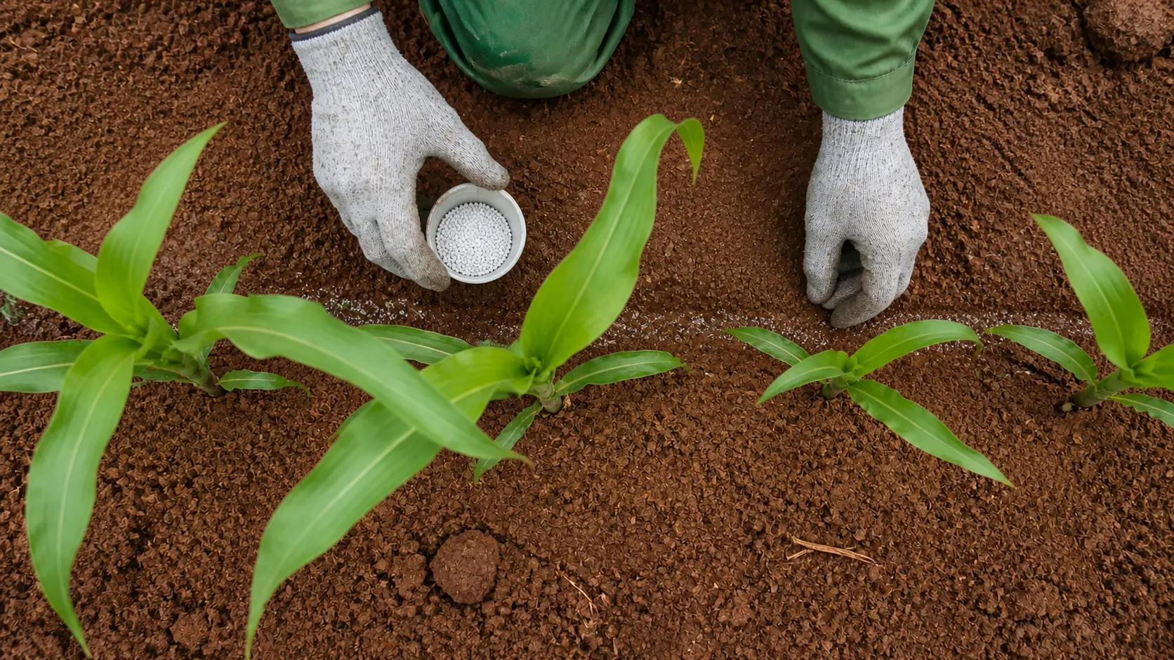 Overhead view of a measured fertiliser side band placed away from young maize stems.