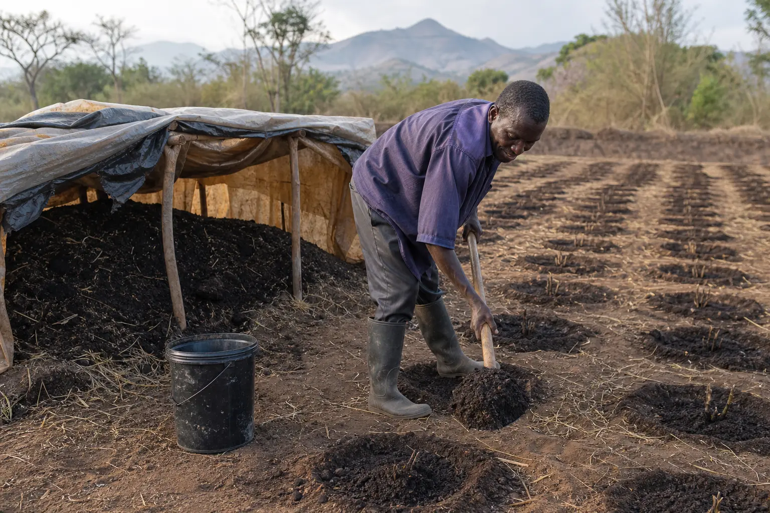 Mlimi wa ku Malawi akugawa kompositi wokhwima kuchokera pa mulu wophimbidwa mvula isanayambe