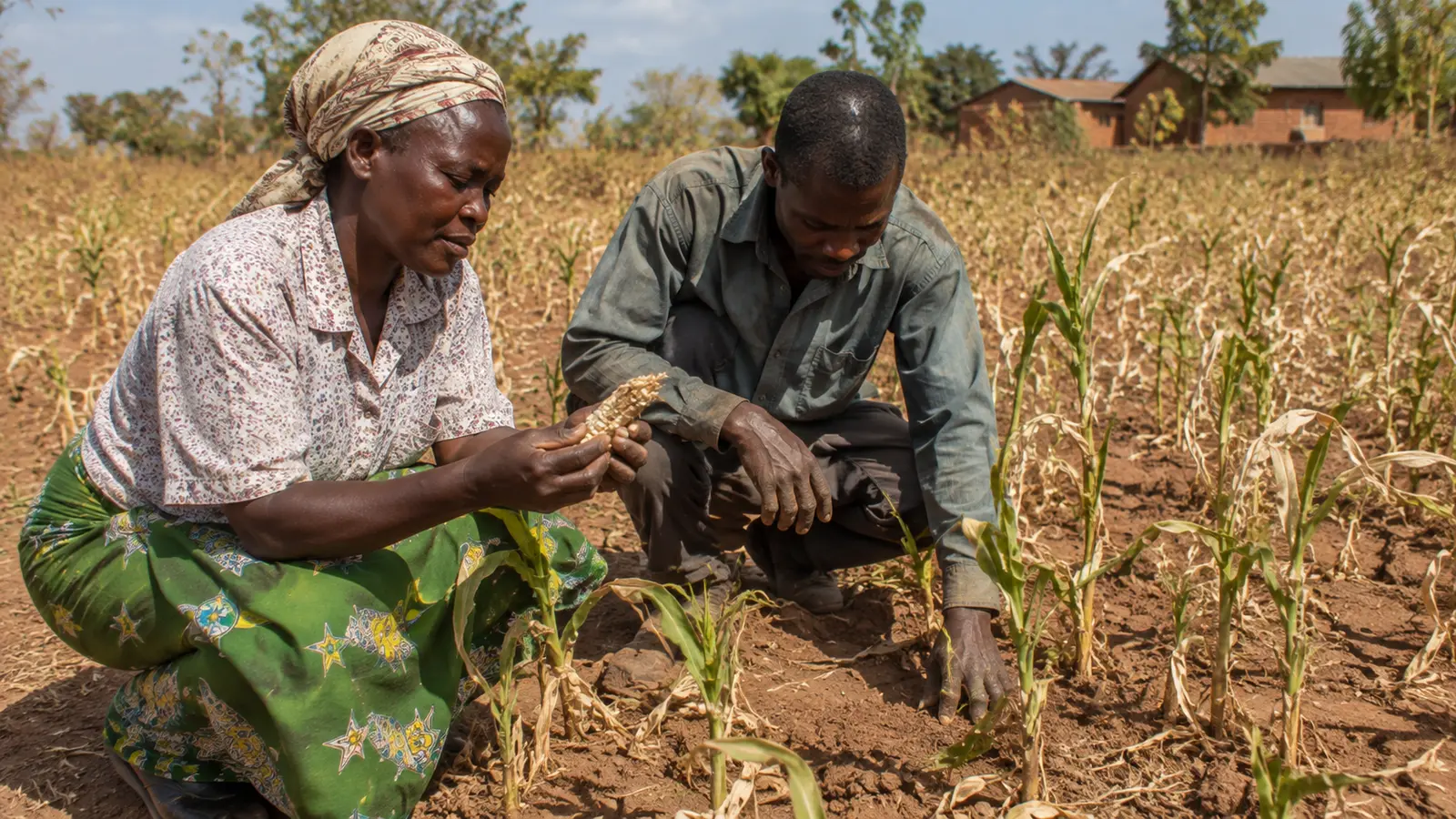 Alimi ŵaŵiri ŵa ku Malawi ŵakuwona chikhwebwe cha chimanga icho chindazure makora na dongo lakomira mu munda wakukhwaskika na chilangalanga.