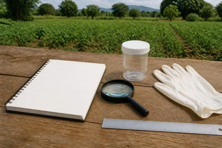 Clean crop-scouting tools and records used before choosing a pest treatment