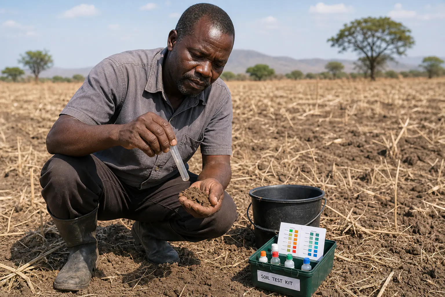 Farmer comparing soil texture and colour before planting season in central Malawi.
